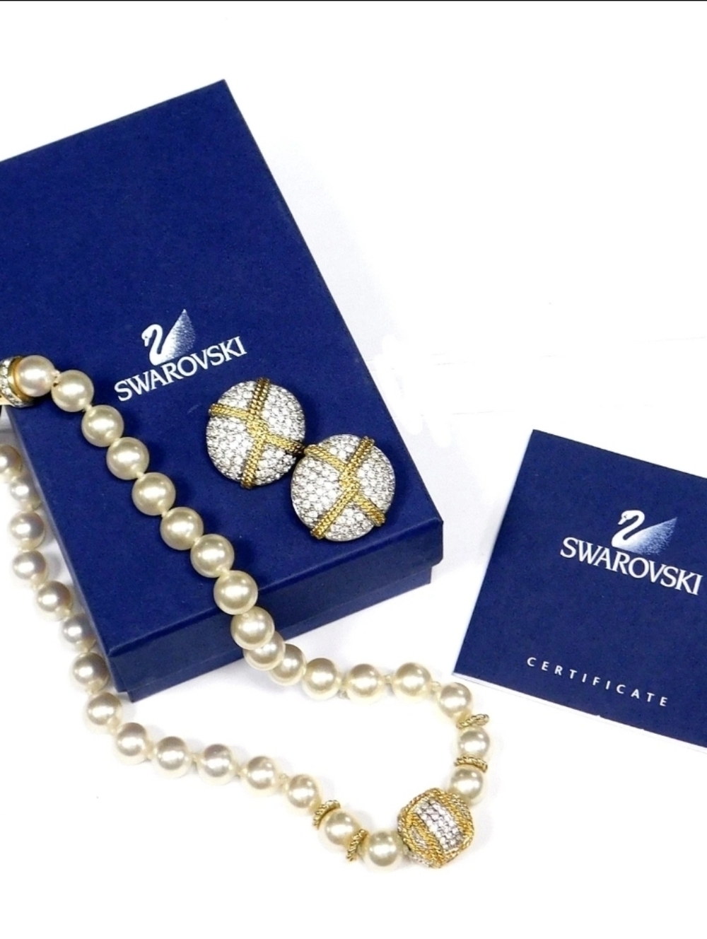 Swarovski Pearl Necklace and Pavé Gold-Accent Clip Earrings Set